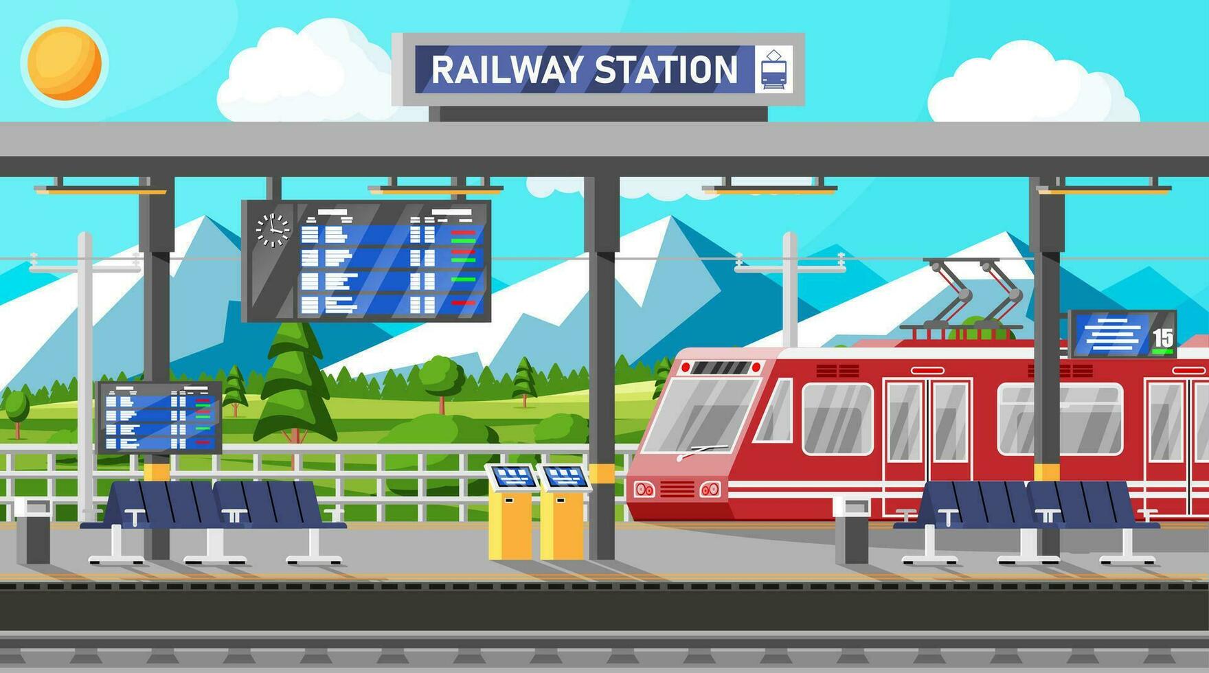 modern Eisenbahn Bahnhof mit hoch Geschwindigkeit Zug und Plattform mit Zeitplan. Super rationalisiert Zug. Passagier ausdrücken Eisenbahn Lokomotive. Eisenbahn Öffentlichkeit Transport U-Bahn. eben Vektor Illustration