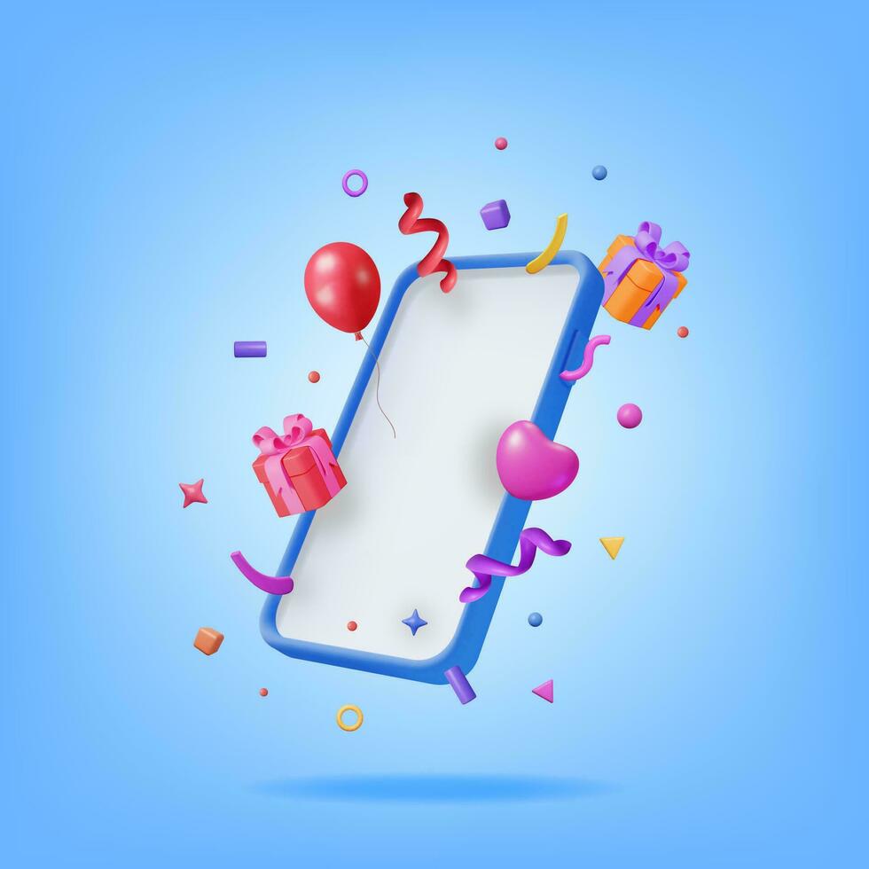 3d fest konfetti på mobil telefon. framställa plastin konfetti på smartphone. färgrik smällare element i olika former. fest helgdag överraskning eller födelsedag evenemang. vektor illustration