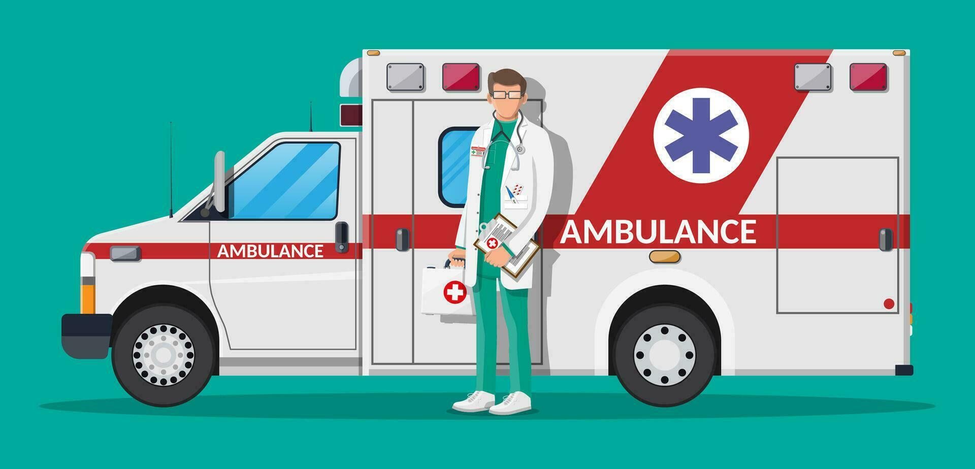 ambulans personal begrepp. läkare i vit täcka med stetoskop och fall. ambulans bil, nödsituation fordon. sjukvård, sjukhus och medicinsk diagnostik. brådskande karaktär tjänster. platt vektor illustration