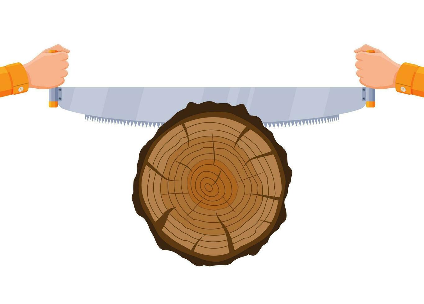 sah Sägen Baum Stamm. Zimmermann Sägen Holz. Holz schneiden, Kreuz Sektion von Baum oder Stumpf. Zimmerei arbeiten. hölzern Log und Hand gesehen. Karikatur eben Vektor Illustration