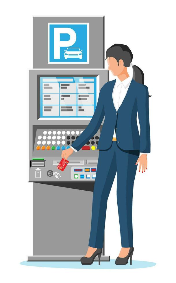 parkering meter och kvinna isolerat på vit. biljett maskin ikon. modern meter för parkering massa. auktoriserad maskin. själv service parkering betala. elektronisk betalning terminal. platt vektor illustration