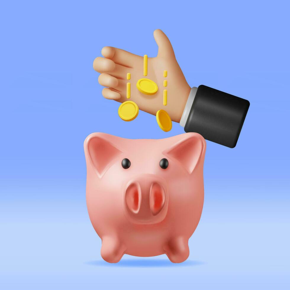 3d Schweinchen Bank mit Münzen im Hand isoliert. machen Plastik Schweinchen Bank zum Geld. Sparbüchse im bilden von Schwein. Konzept von Kasse Geld, Geschäft Anzahlung Investition, finanziell Ersparnisse. Vektor Illustration