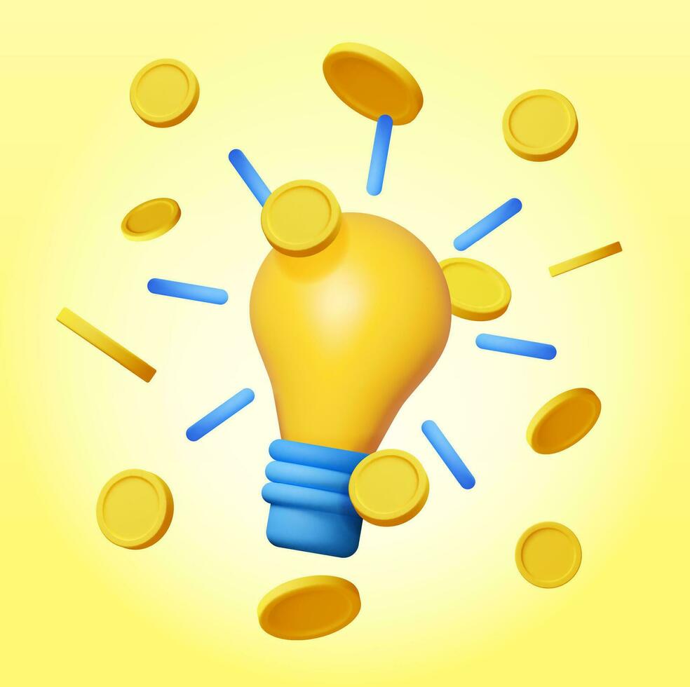 3d ljus Glödlampa med gyllene mynt isolerat. framställa gul aning Glödlampa gör pengar. glas glödlampa symbol. kreativ aning inspiration. brainstorming utveckling. företag börja. vektor illustration