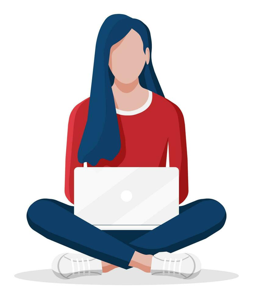 jung Frau Sitzung mit gekreuzten Beinen und Arbeiten auf Laptop. Mädchen im Lotus Pose mit Notizbuch. kreativ Job oder studieren Konzept. freiberuflich oder Fernbedienung arbeiten, online Bildung. Karikatur eben Vektor Illustration