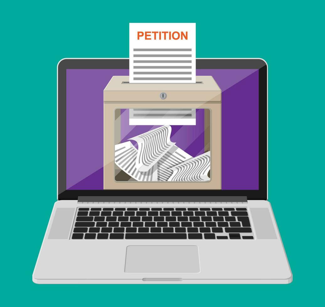 Petition Kasten, dokumentieren auf Laptop Bildschirm. Zeichen Petition online. Konzept von Veränderung Über das Internet. Vektor Illustration im eben Stil