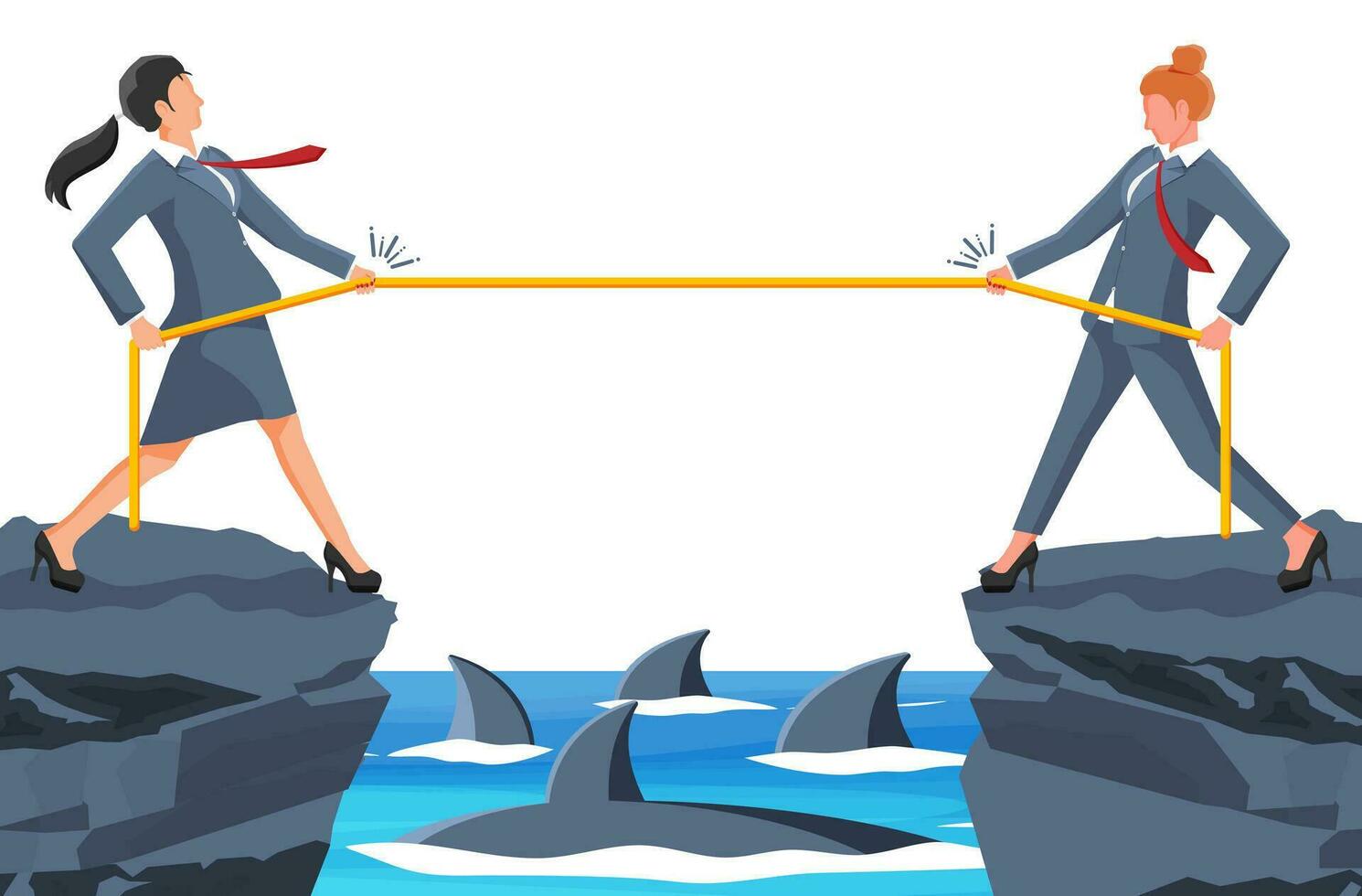 två affärskvinna dra av rep nära glipa med hajar. kvinna bogserbåt av krig och se på varje Övrig. företag mål, rivalitet, konkurrens, konflikt. prestation, mål Framgång. platt vektor illustration