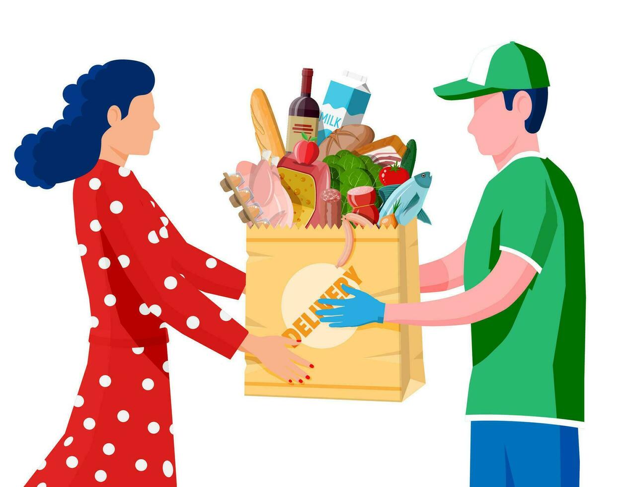 Kurier geliefert Paket von Lebensmittel zu Kunde. Essen Lieferung Bedienung Konzept. Lieferung Mann geben bestellt Produkte zu Frau. online Supermarkt oder Internet Geschäft. eben Vektor Illustration