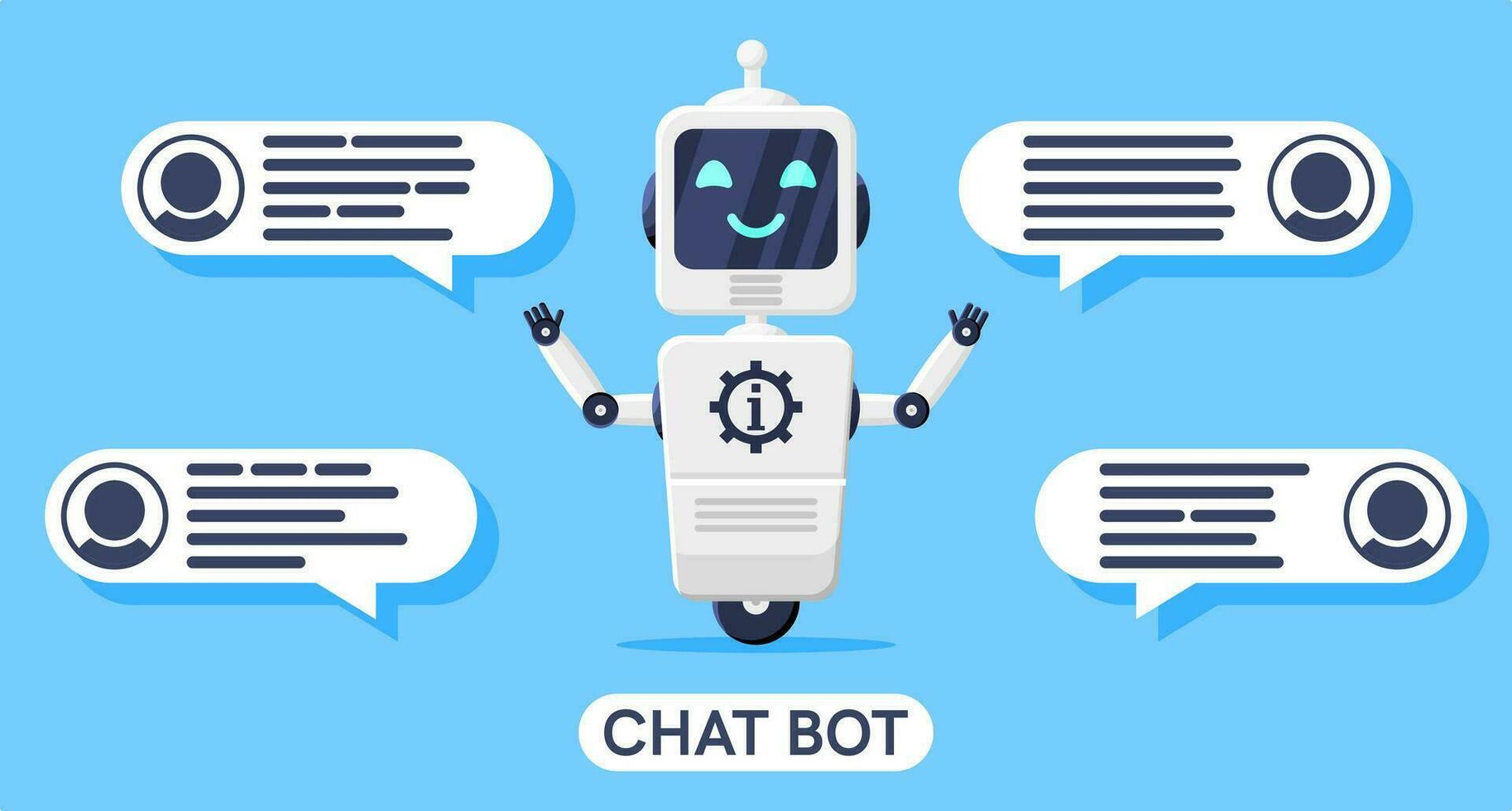 glücklich lächelnd Roboter mit Blase Rede isoliert. Plaudern bot mit reden Dialog. Chatbot Roboter grüßt. künstlich Intelligenz, ai Helfer. Bedienung und Unterstützung Assistent. Karikatur eben Vektor Illustration