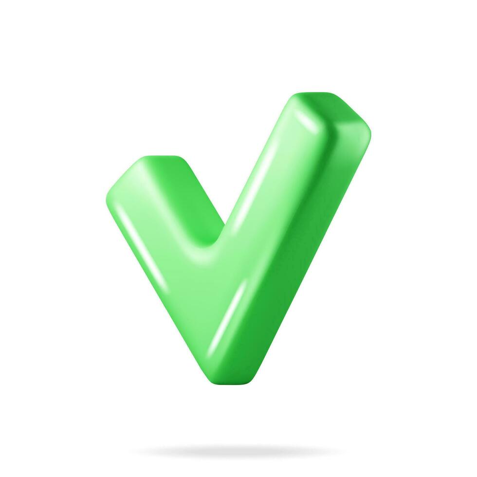 3d rätt knapp form. grön ja eller korrekt tecken framställa. grön bock bock representerar Bekräftelse. rätt val begrepp. avtal, godkännande eller förtroende symbol. vektor illustration