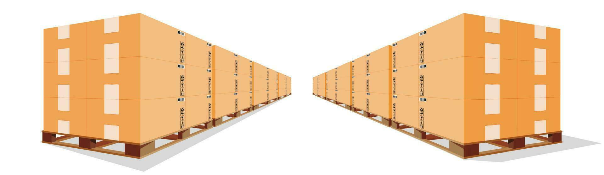kartong lådor lugg på trä- lastpall isolerat på vit. kartong leverans förpackning stängd, sluten, kubisk, stor och små låda med ömtålig tecken. lager, leverans, logistik. platt vektor illustration