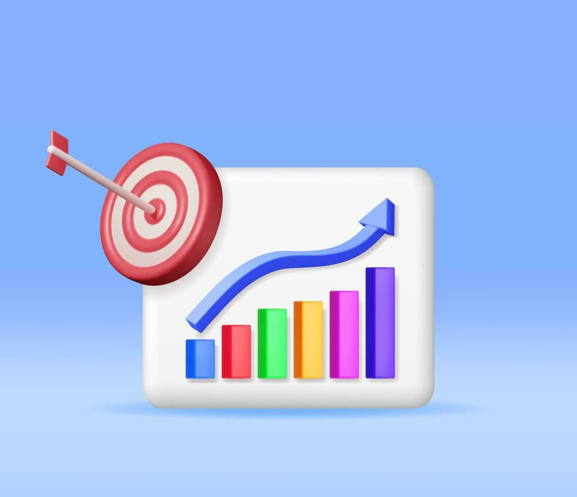 3d Wachstum Lager Diagramm mit Pfeil und Ziel isoliert. machen Lager Riegel zeigt an Wachstum oder Erfolg. finanziell Artikel, Geschäft Investition, finanziell Markt handeln. Geld und Banken. Vektor Illustration