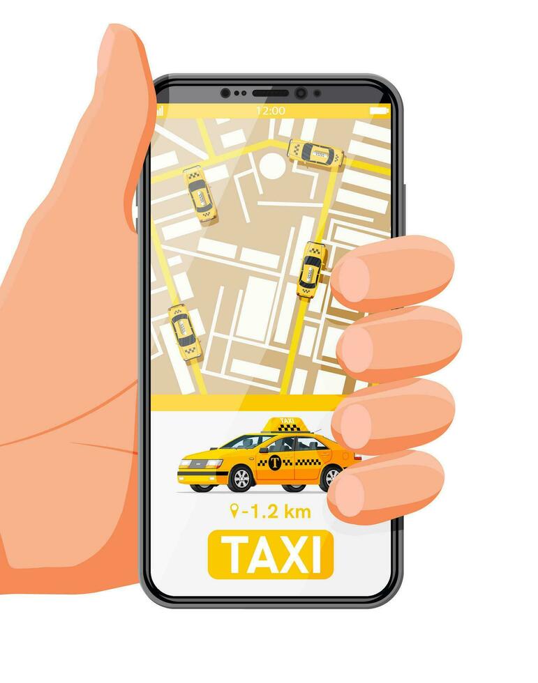 Hand halten Smartphone mit Taxi Anwendung auf Bildschirm. Taxi Auto isoliert auf Weiß Hintergrund. Buchung Taxi online Konzept. Taxi App oder Service. Gelb Auto und Smartphone. eben Vektor Illustration