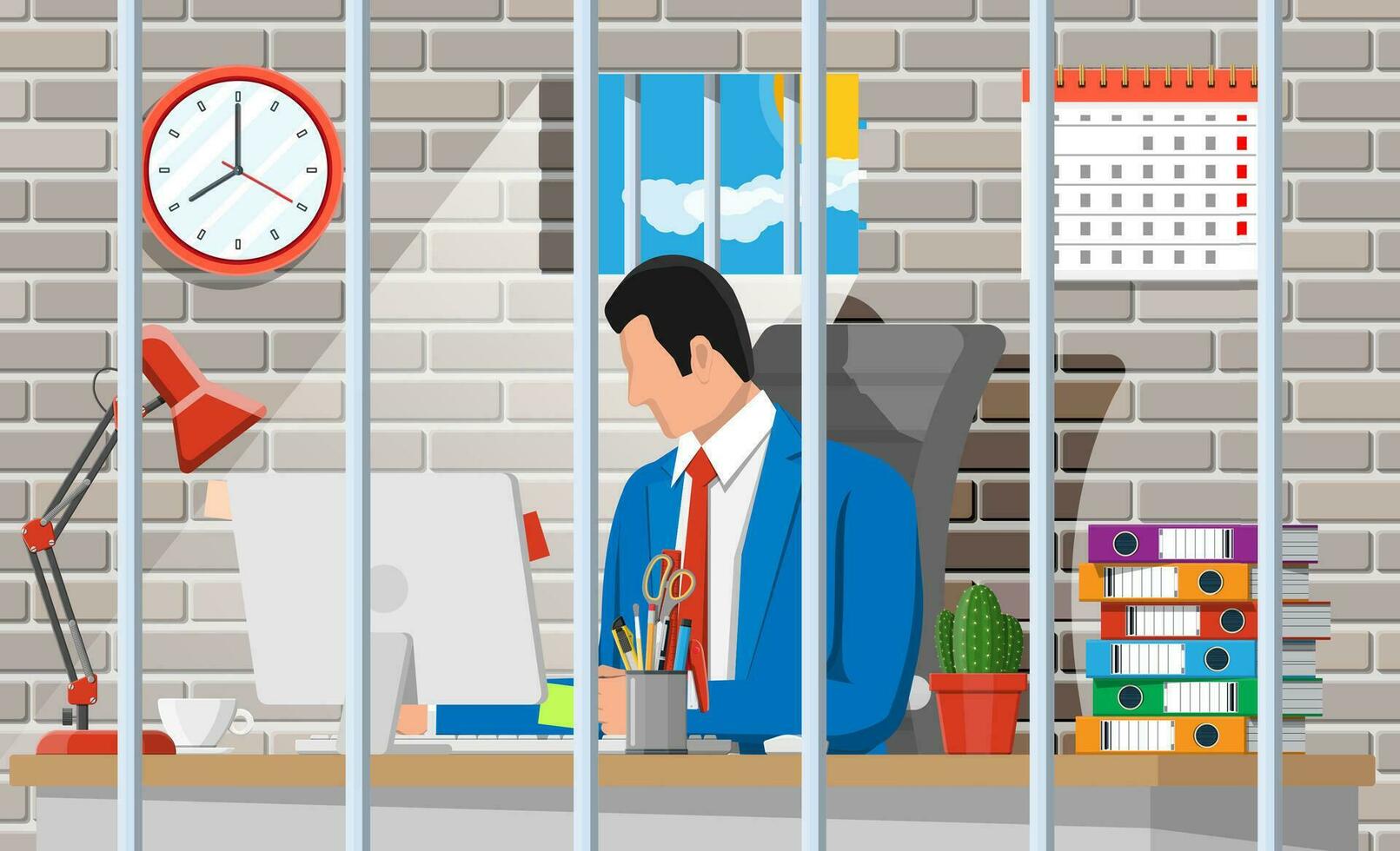 Geschäftsmann Arbeiten auf Computer im das Gefängnis Zelle. überarbeitet Geschäft Mann im Gefängnis. Stress beim arbeiten. Bürokratie, Papierkram, Frist und Papierkram. Vektor Illustration im eben Stil