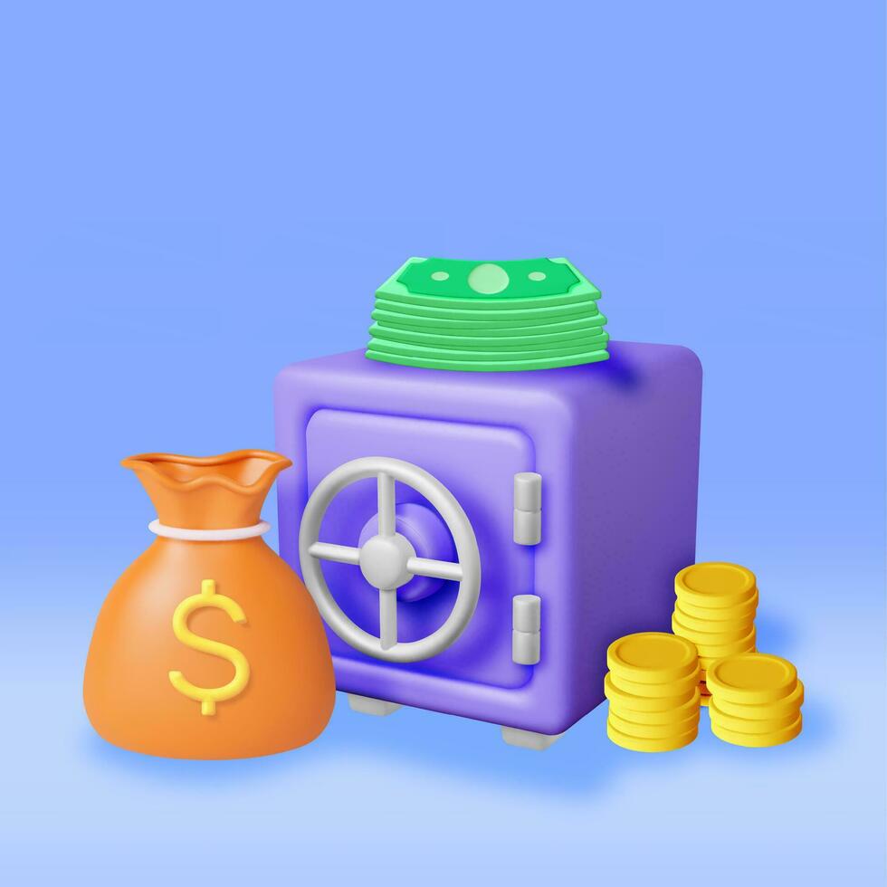 3d sicher Box voll von Geld isoliert auf Weiß. machen Plastik Stil Safe Kasse Münzen, Dollar Symbol. Bank Gewölbe Sicherheit, Anzahlung Lagerung, Kasse Sicherheit Safe. sparen, gelagert Geld. Vektor Illustration