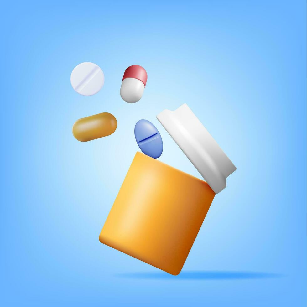 3d plast flaska full av piller. framställa medicin paket för biljard, kapsel, läkemedel. låda för sjukdom och smärta behandling. medicinsk läkemedel, vitamin, antibiotikum. sjukvård apotek. vektor illustration