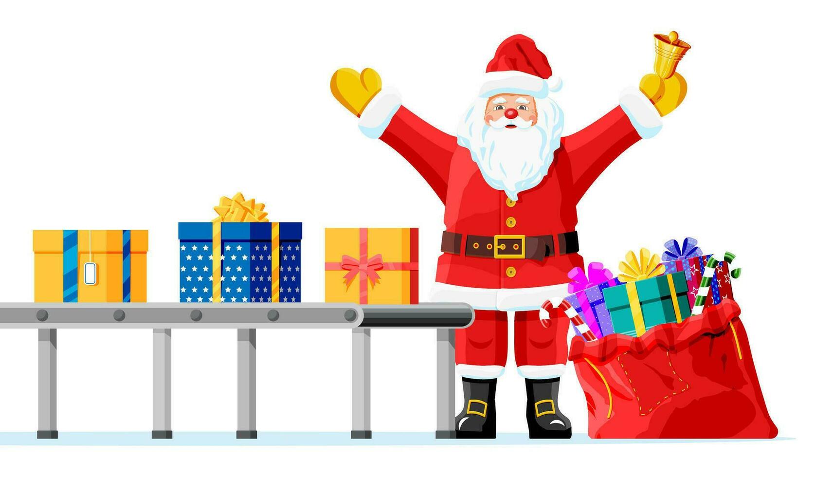 Weihnachten Fabrik Packungen Geschenke Kisten und Santa claus mit Tasche. festlich die Geschenke Förderer. die Geschenke Lieferung, Versand. Neu Jahr Dekoration. Weihnachten Urlaub. Neu Jahr, Weihnachten. eben Vektor Illustration