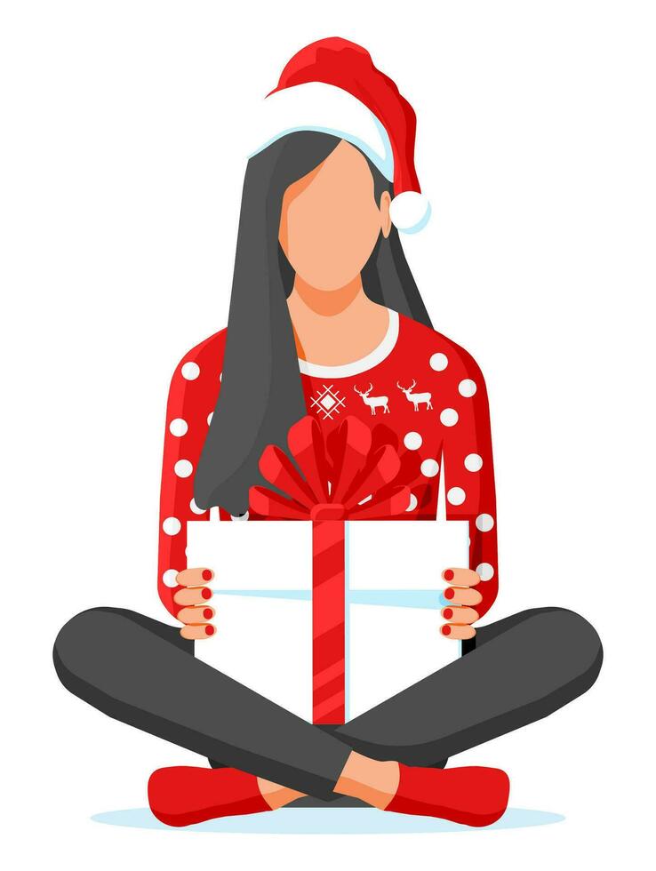 Frau Sitzung Lotus Pose halten Geschenk Kasten. Kreuz mit Beinen weiblich Charakter mit Weihnachten gegenwärtig. glücklich Neu Jahr Dekoration. fröhlich Weihnachten Urlaub. Weihnachten Feier. eben Vektor Illustration