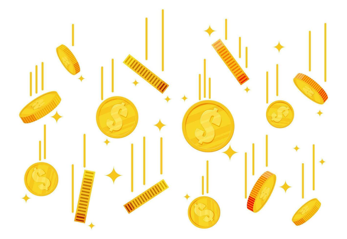 fallen Gold Münzen. Geld Regen. golden Münzen mit Dollar unterzeichnen. Wachstum, Einkommen, Ersparnisse, Investition. Symbol von Vermögen. Geschäft Erfolg. eben Stil Vektor Illustration.