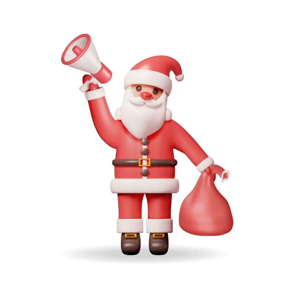 3d Santa claus Charakter halten Megaphon und Geschenk Tasche. machen Weihnachten Beförderung Urlaub Werbung. Neu Jahr Dekoration Weihnachten Urlaub. Weihnachten Feier. realistisch Vektor Illustration