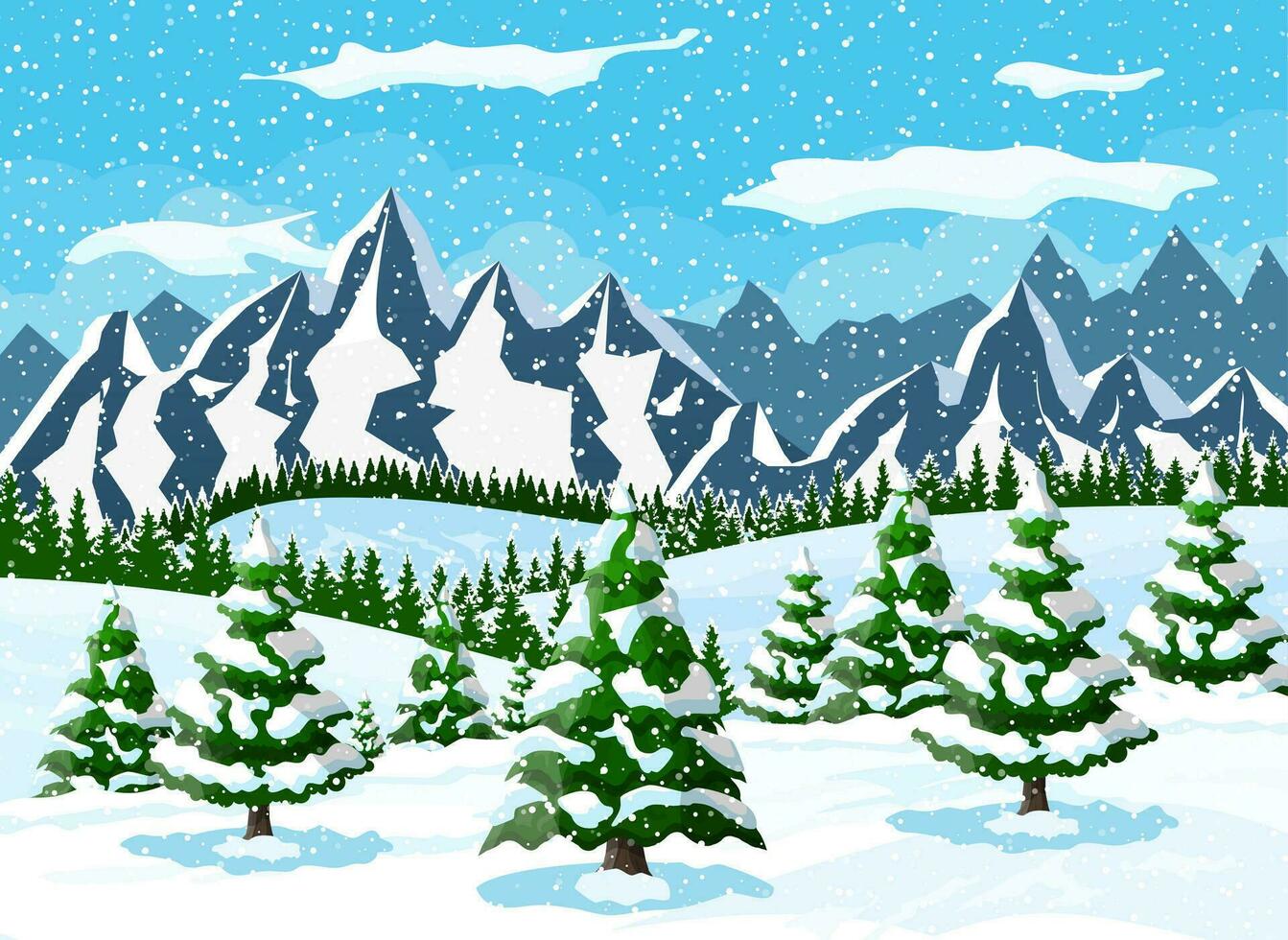 vinter- jul bakgrund. tall träd trä och snö. vinter- landskap med gran träd skog, berg och snöar. Lycklig ny år firande. ny år xmas Semester. vektor illustration platt stil