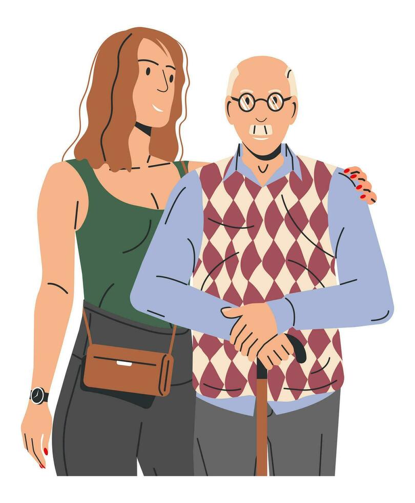 Erwachsene Tochter umarmen alt Vater isoliert. Alten Papa oder Großvater mit Tochter oder Enkelin. jung Frau Umarmen seine Opa. glücklich Familie Beziehung Konzept. eben Vektor Illustration