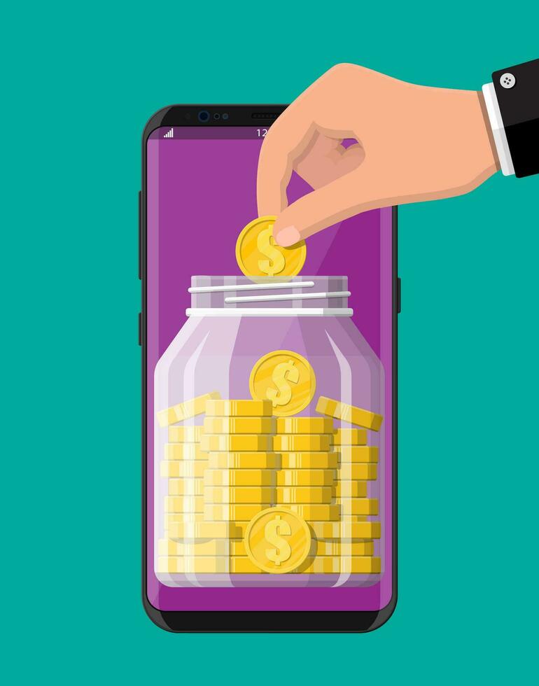 glas pengar burk full av guld mynt på smartphone skärm. mobil bank, sparbössa. tillväxt, inkomst, besparingar, investering. rikedom, företag Framgång. platt vektor illustration.