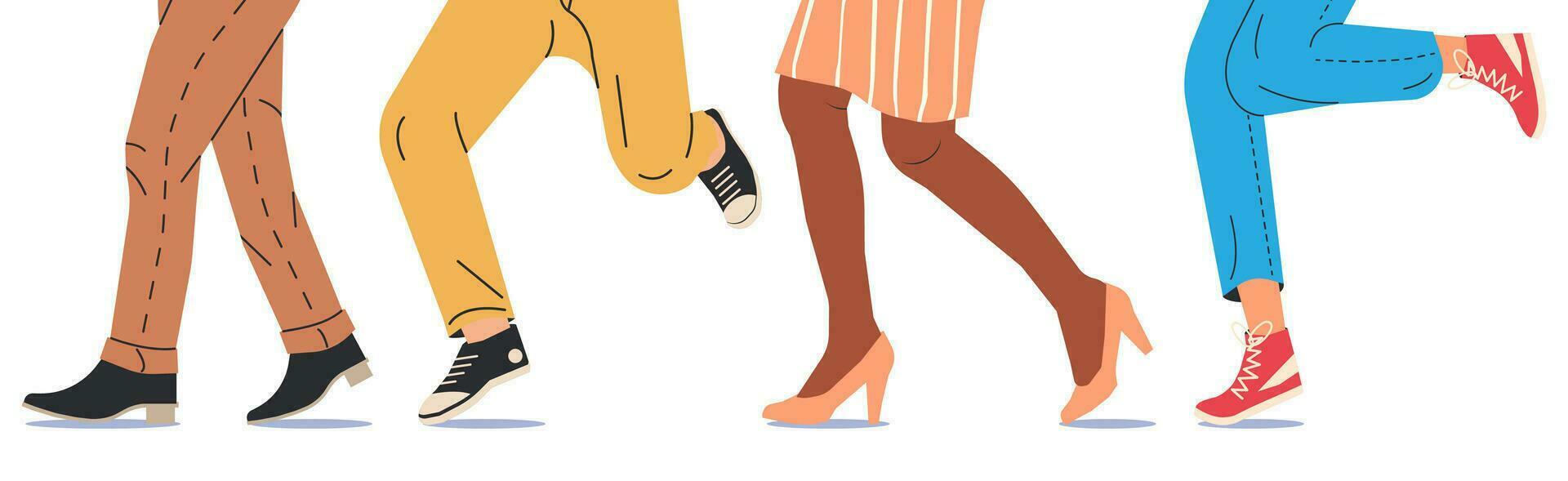 Menschen Gehen im modern Schuhe. einstellen von verschiedene weiblich und männlich Schuhe mit Füße. Stiefel, Turnschuhe, Fersen. Mädchen und Junge Schuhwerk. anders Frau und Mann Schuhe. Karikatur eben Vektor Illustration