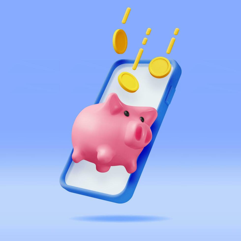 3d Schweinchen Bank mit Münzen im Handy, Mobiltelefon Telefon isoliert. machen Plastik Schweinchen Bank zum Geld und Smartphone. Digital Geld online. Geschäft Anzahlung Investition, finanziell Ersparnisse. Vektor Illustration