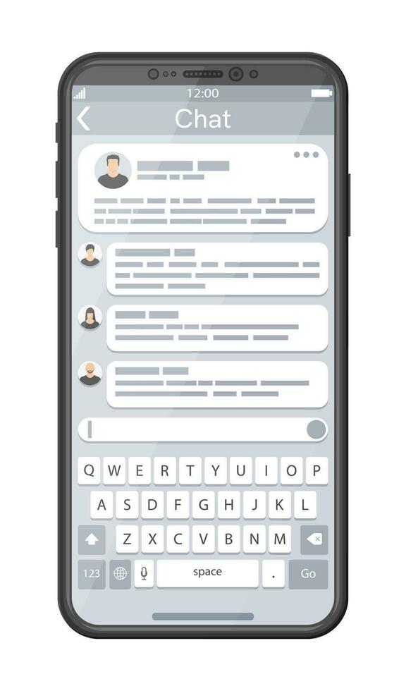 Smartphone mit Handy, Mobiltelefon Nachrichtenübermittlung App Seite mit Klaviatur. sofortig Nachrichtenübermittlung Bildschirm. eben Benutzer Schnittstelle Anwendung. Nachrichtenübermittlung SMS App zum Smartphone, Sozial Medien Netzwerk. Vektor Illustration