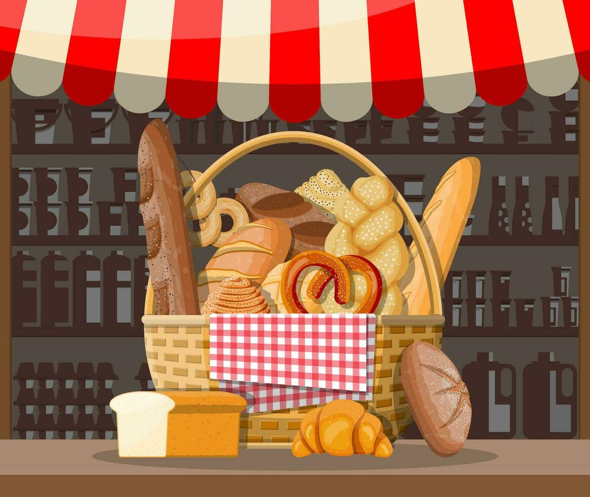 Brot Produkte und Markt Stall. ganze Getreide, Weizen und Roggen brot, Toast, Brezel, Ciabatta, Croissant, Bagel, Französisch Stangenbrot, Zimt Brötchen. Vektor Illustration im eben Stil