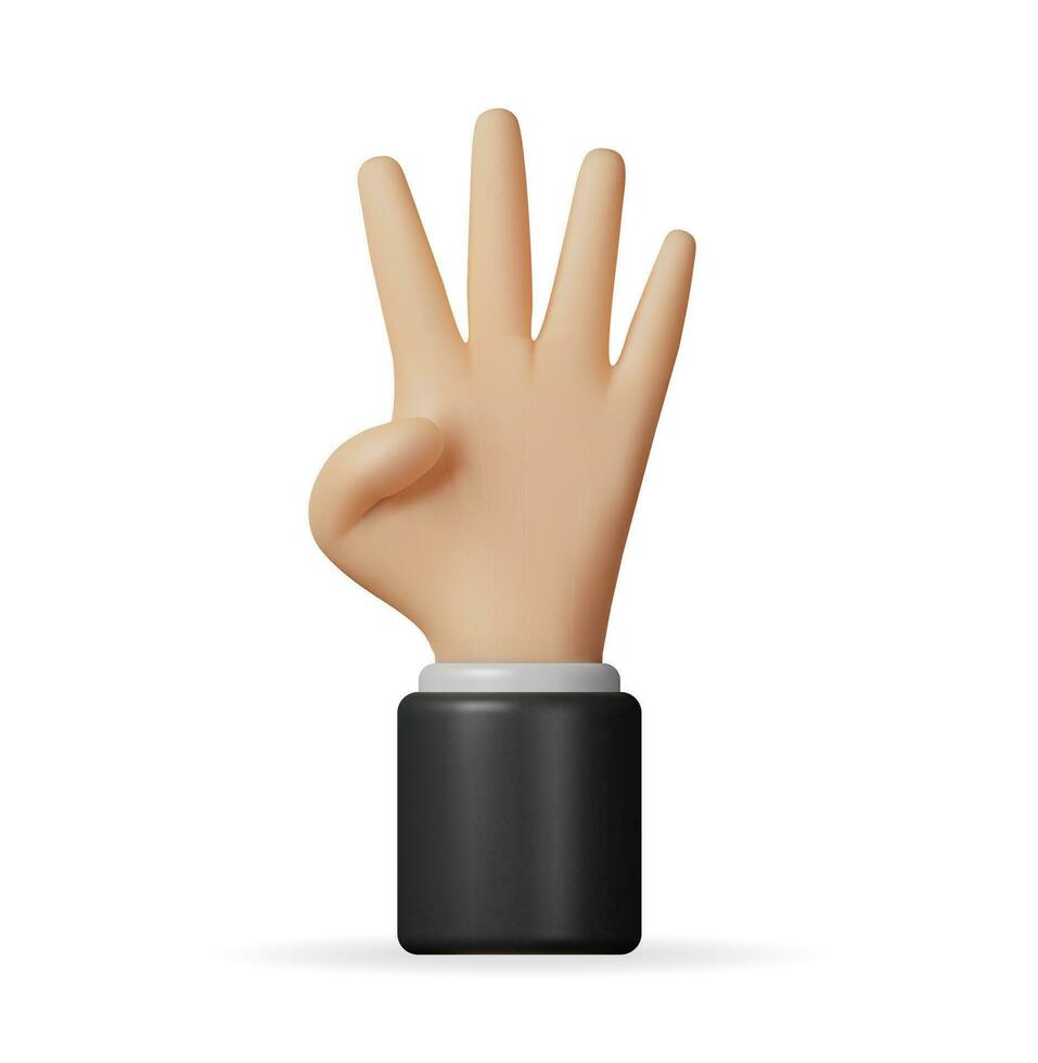 3d hand som visar fyra fingrar isolerat. framställa hand gest symbol. små, index, ringa och mitten fingrar är obruten och Uppfostrad upp. tecknad serie emoji ikon. vektor illustration