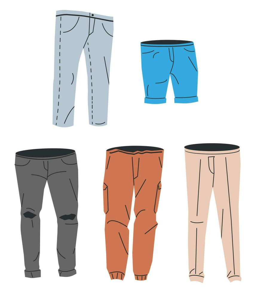 manlig jeans modeller samling. uppsättning av man denim shorts, byxor eller byxor. tillfällig trendig kläder för män. mager, utsvängd och klassisk jeans. tecknad serie platt vektor illustration