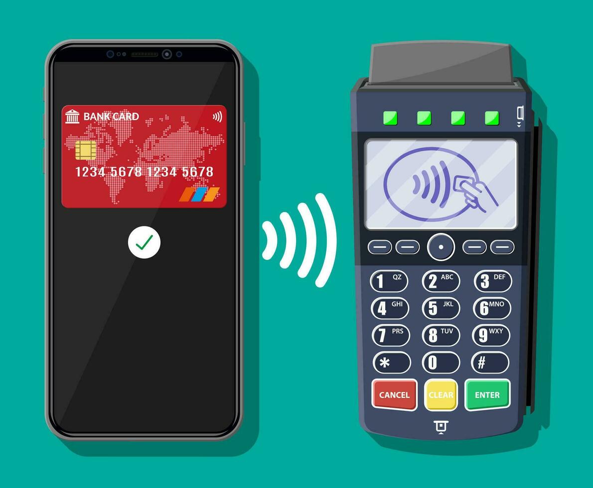 pos terminal och mobil smartphone betalning transaktion. trådlös, kontaktlös eller kontantlös betalningar, rfid nfc. vektor illustration i platt stil