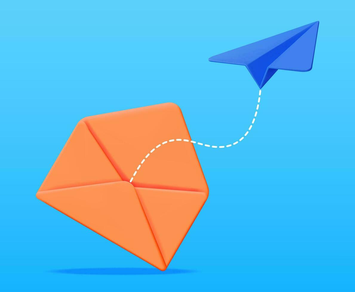 3d Mail Briefumschlag und Papier Flugzeug isoliert. Papier Brief und Origami Flugzeug. Neu oder ungelesen Email. Nachricht, Kontakt Brief und dokumentieren. Sozial Medien und online Nachrichtenübermittlung. Vektor Illustration