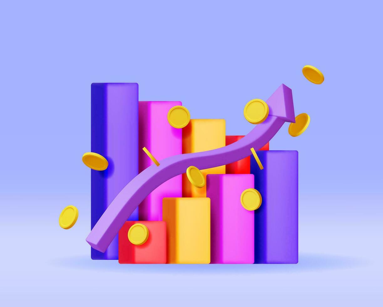 3d Wachstum Lager Diagramm Pfeil mit golden Münzen. machen Lager Pfeil mit Geld zeigt an Wachstum oder Erfolg. finanziell Artikel, Geschäft Investition finanziell Markt handeln. Geld und Banken. Vektor Illustration