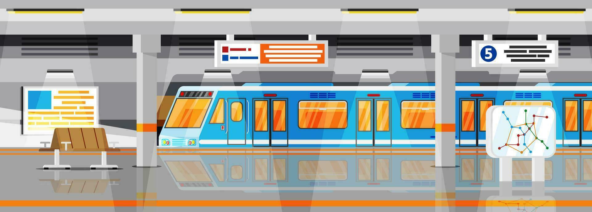 tömma tunnelbana station interiör. tåg och underjordisk plattform. järnväg metro station. passagerare uttrycka järnväg. järnväg offentlig transport. snabb transport. platt vektor illustration