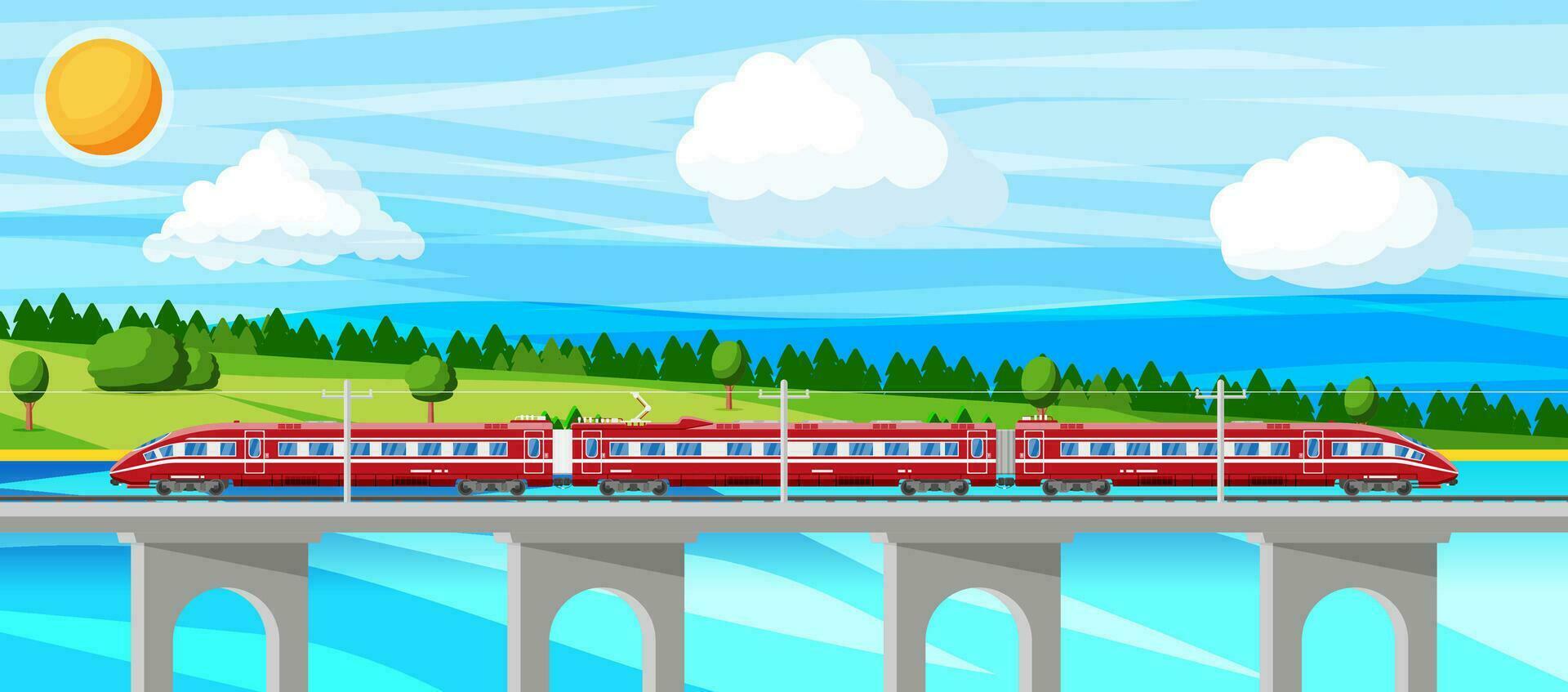 skytrain och landskap med stadsbild. super strömlinjeformat tåg. passagerare uttrycka järnväg lokomotiv. monorail järnväg offentlig transport. snabb transport tunnelbana. platt vektor illustration