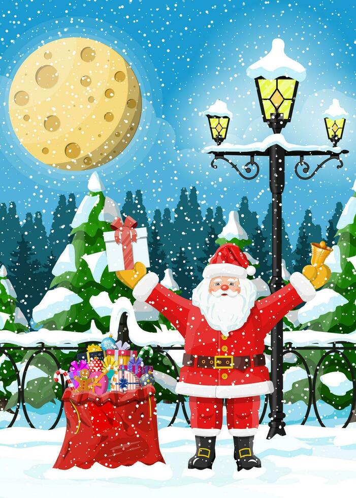 Weihnachten Hintergrund. Santa claus mit Tasche mit Geschenke. Winter Landschaft mit Tanne Bäume Wald und schneit. glücklich Neu Jahr Feier. Neu Jahr Weihnachten Urlaub. Vektor Illustration eben Stil