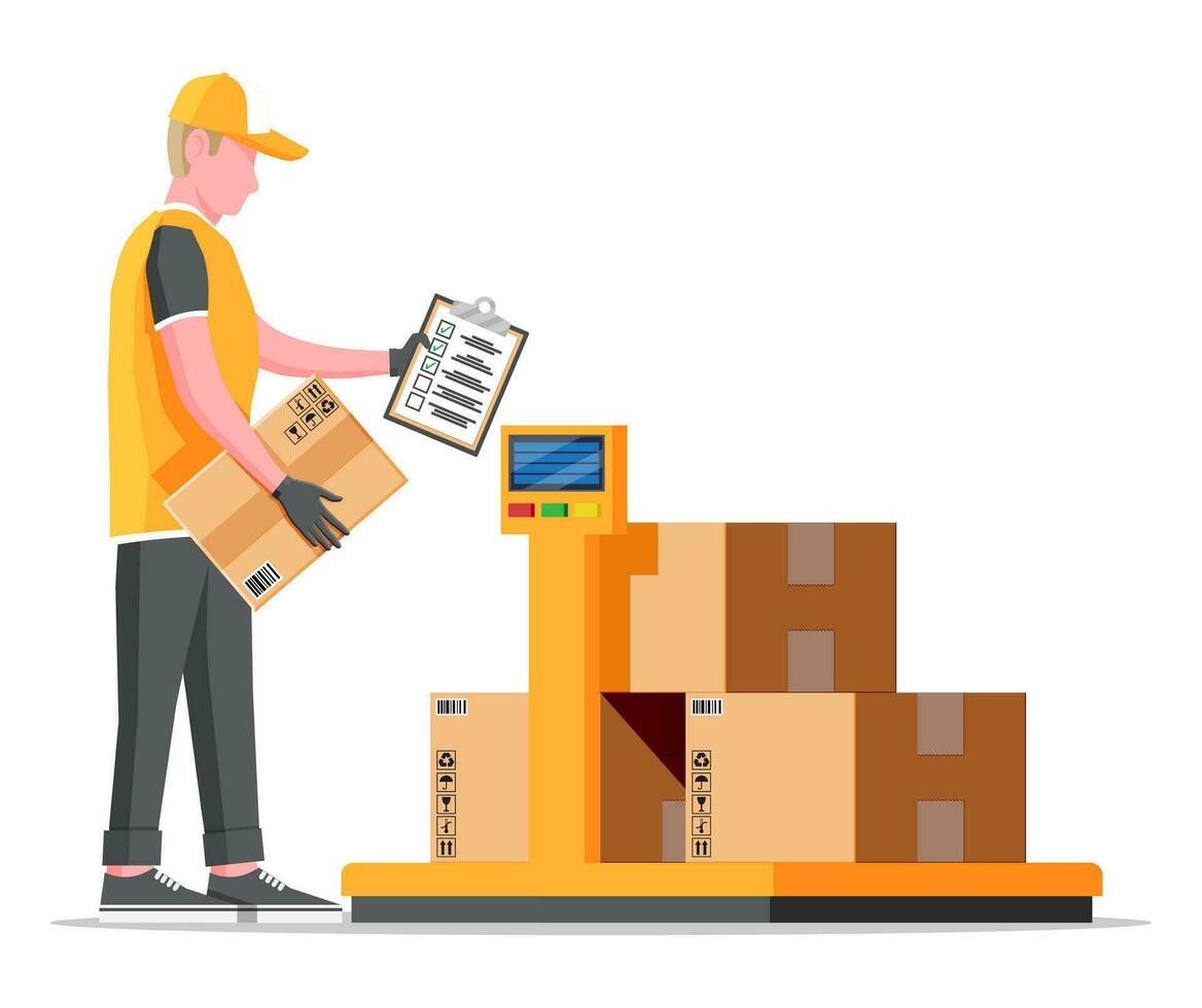 Warenhaus Arbeiter ist Wiegen das Ladung. industriell Waren Gewicht Waage. logistisch und Verteilung, Paket Paket, Karton Boxen. Rahmen mit Box isoliert auf Weiß. eben Vektor Illustration