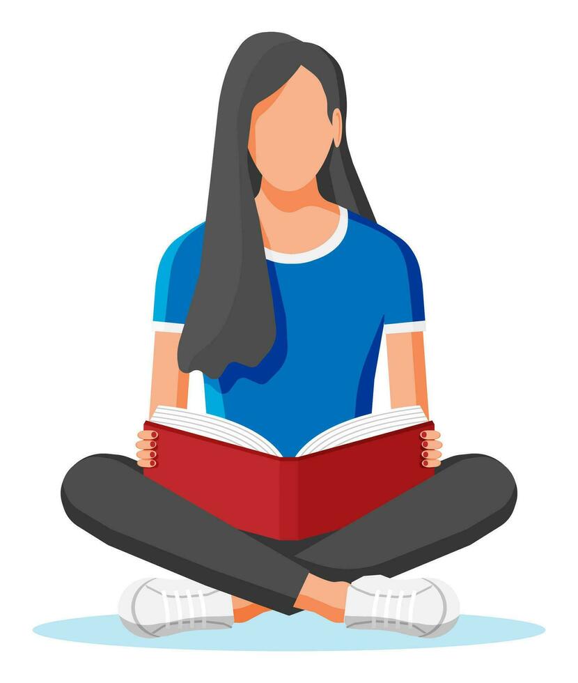 jung Frau Sitzung mit gekreuzten Beinen und lesen Buch. Mädchen im Lotus Pose mit Buch. kreativ Job oder studieren, Bildung Konzept. bereitet vor zu Prüfungen. Schüler mit Lehrbuch. Karikatur eben Vektor Illustration