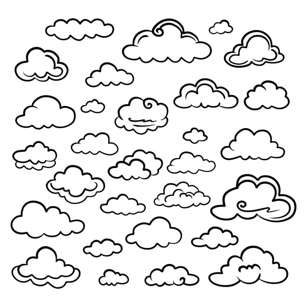 klotter uppsättning av moln, vektor illustration.