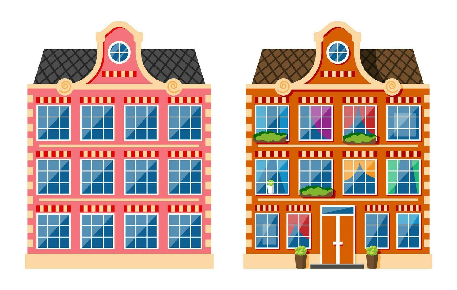 Wohn Haus Symbol im Niederländisch Stil. Amsterdam alt Gebäude isoliert auf Weiß. historisch Fassade mit Fenster, Tür, Blumen und Vorhänge. die Architektur von Niederlande. Karikatur eben Vektor Illustration