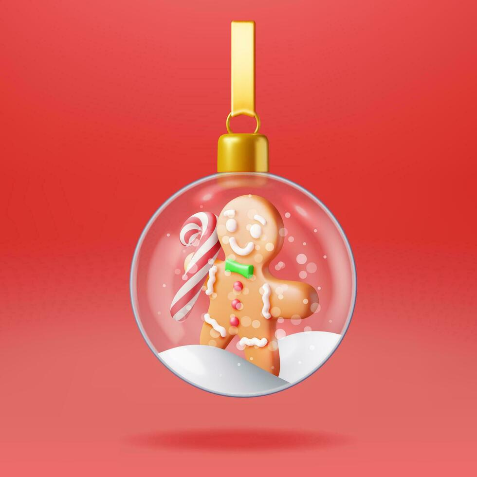 3d Weihnachten Glas Ball mit Schnee Lebkuchen Mann isoliert. machen Kugel Ball mit Lebkuchen Mann. Neu Jahr Dekoration. fröhlich Weihnachten Urlaub. Weihnachten Feier. realistisch Vektor Illustration