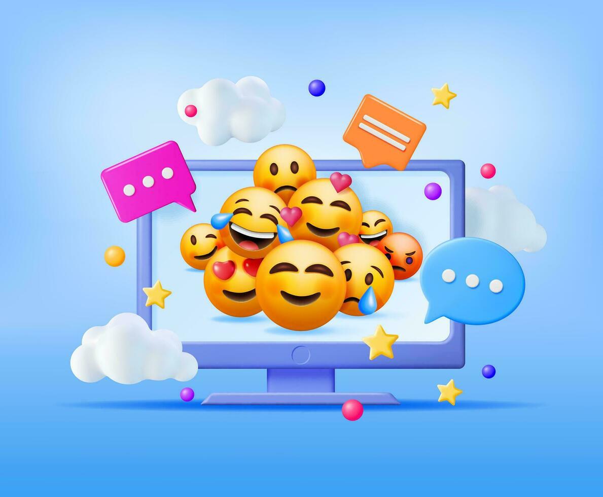 3d uppsättning av uttryckssymboler i dator. social media gul ansikten med olika känslor och uttryck. riva leende ledsen kärlek Lycklig olycklig tycka om LOL arg blinkning skratt emoji karaktär. vektor illustration