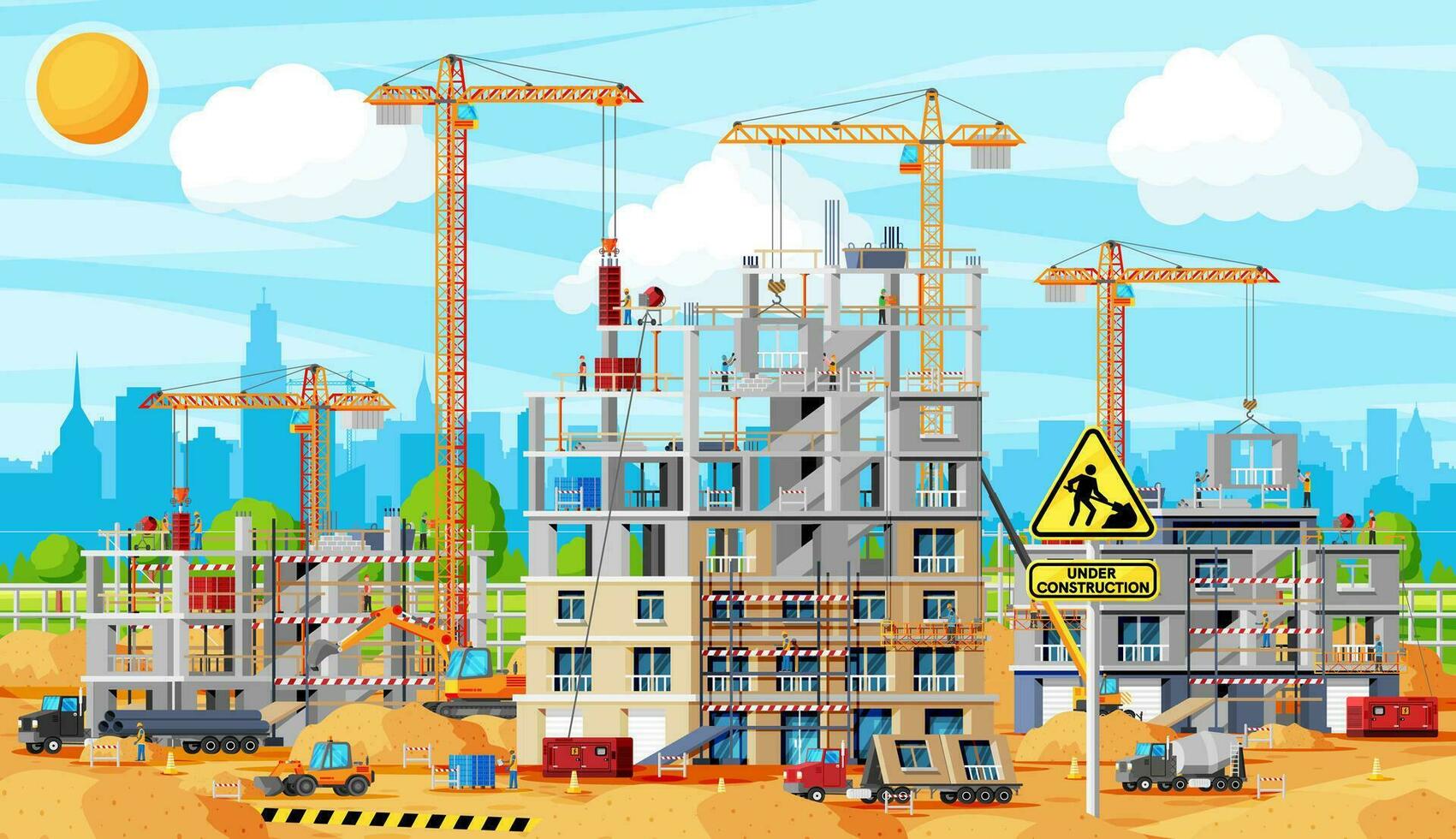 Konstruktion Seite? ˅ Banner. LKW Auto, Arbeitskräfte, Beton Haufen, Turm Kran. unter Konstruktion Design Hintergrund. Gebäude Materialien und Ausrüstung. Stadtbild, Horizont. Karikatur eben Vektor Illustration