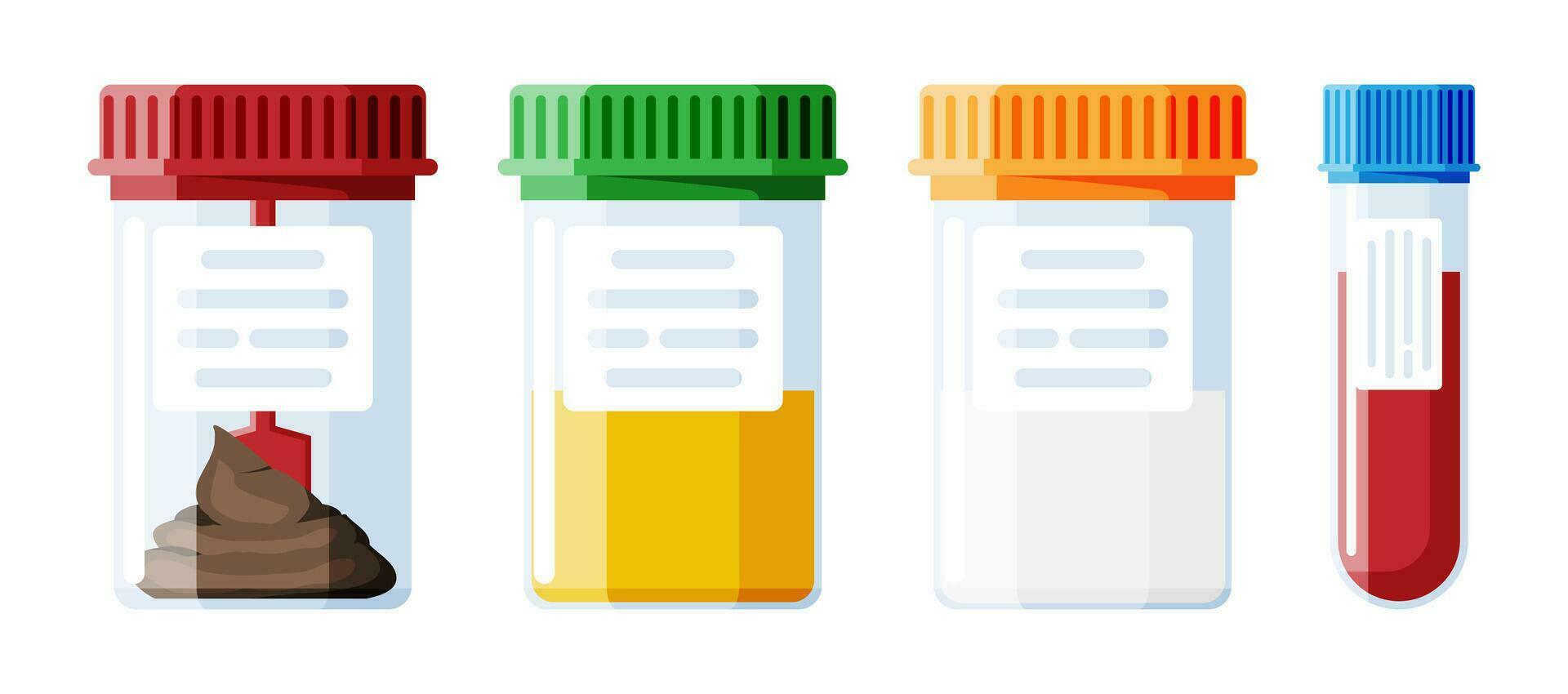 Prüfung Röhren mit Kappen. Schemel, Blut, Urin und Sperma. medizinisch Ausrüstung. Probe Tassen zum gynäkologisch Analyse. Plastik Behälter mit Biomaterial Analyse im Labor. eben Vektor Illustration