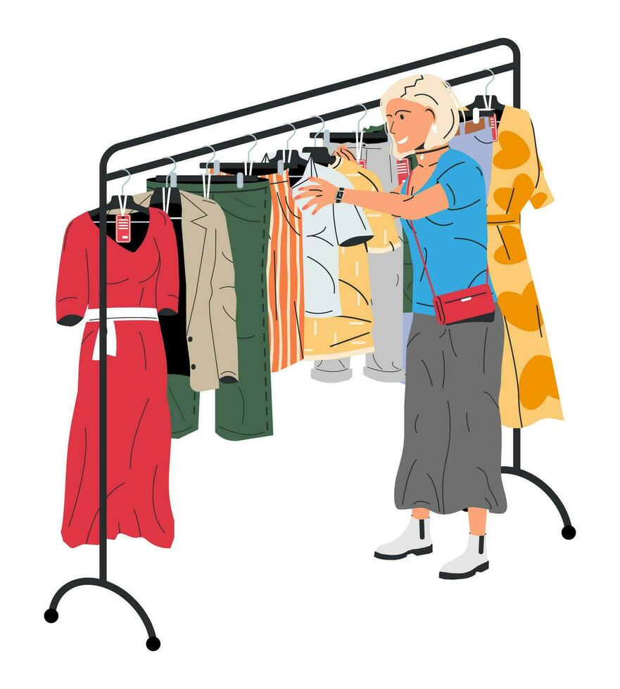 Frau in der Nähe von Gestell mit Kleidung. Damen Kleider auf Aufhänger. Zuhause oder Geschäft Kleiderschrank. Kleider und Zubehör. verschiedene hängend Kleidung. Jacke, Shirt, Jeans, Hose. Karikatur eben Vektor Illustration