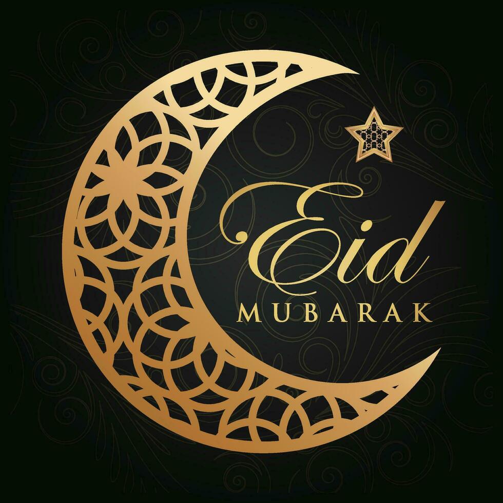 eid mubarak hälsning kort med guld halvmåne och virvlar vektor