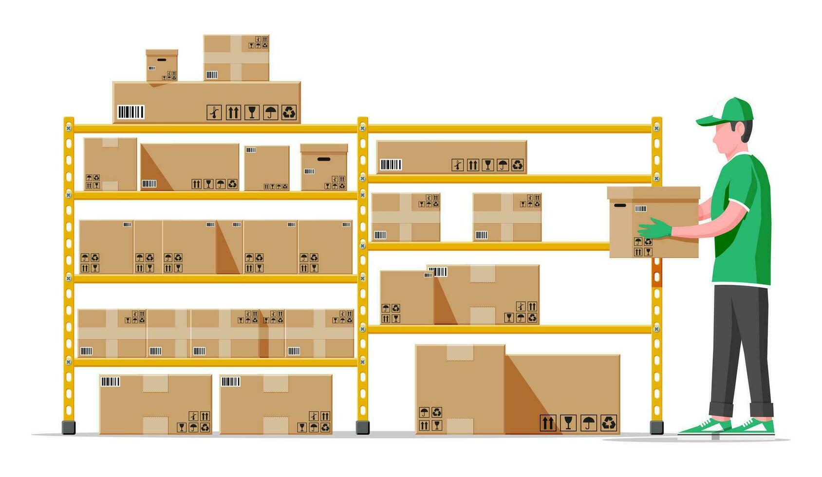 lager hyllor med varor, mover och behållare paket lådor. lugg kartong lådor uppsättning. kartong leverans förpackning öppen och stängd låda med ömtålig tecken. vektor illustration i platt stil