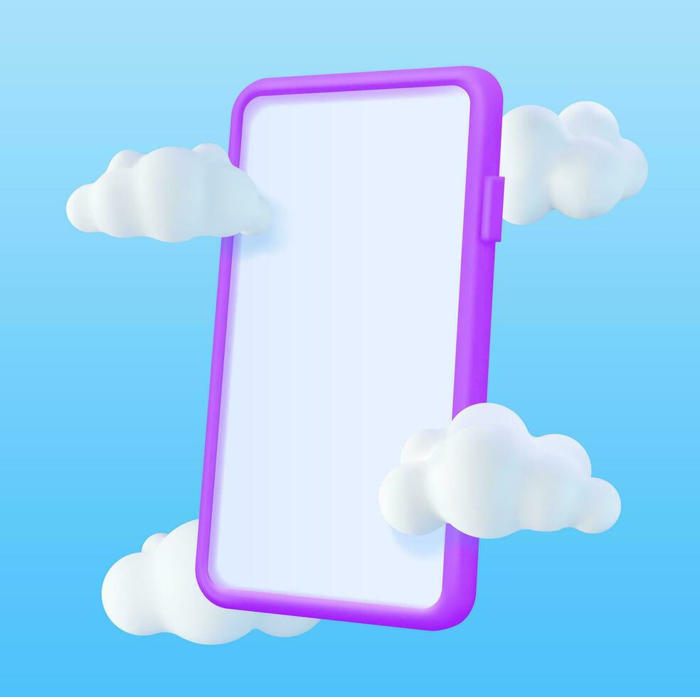 3d realistisch Smartphone mit leeren Bildschirm im Wolken. Seite Aussicht Clever Telefon Attrappe, Lehrmodell, Simulation machen. 3d Telefon lila Farbe. modern Handy, Mobiltelefon Gadget Gerät Symbol. Vektor Illustration